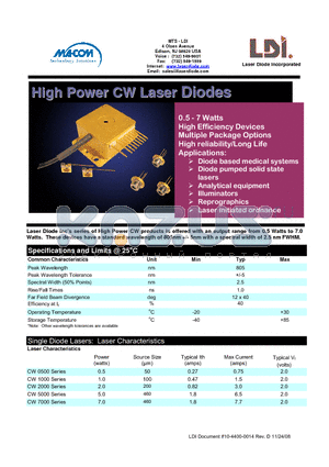 CW0500-CM-TOR datasheet - High Power CW Laser Diodes