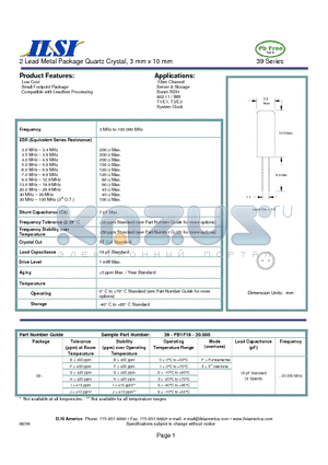39-BF3F18-20.000 datasheet - 2 Lead Metal Package Quartz Crystal, 3 mm x 10 mm