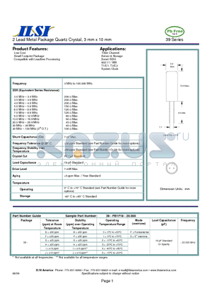 39-BG0F18-20.000 datasheet - 2 Lead Metal Package Quartz Crystal, 3 mm x 10 mm