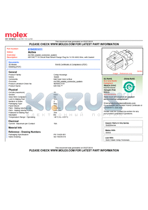 0194351011 datasheet - MX150L 10 Circuit Rear Mount Flange Plug for 14-16 AWG Wire, with Gasket