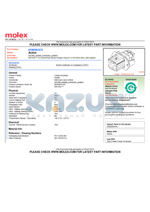0194351211 datasheet - MX150L 12 Circuit Rear Mount Flange Plug for 14-16 AWG Wire, with Gasket