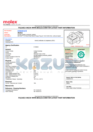 0194351214 datasheet - MX150L 12 Circuit Rear Mount Flange Plug for 18-22 AWG Wire