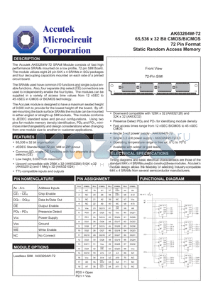 AK63264W-72 datasheet - 65,536 x 32 Bit CMOS/BiCMOS 72 Pin Format Static Random Access Memory