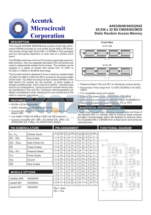 AK63264W datasheet - 65,536 x 32 Bit CMOS/BiCMOS Static Random Access Memory