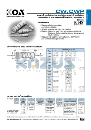 CW1CTR103 datasheet - coat insulated, precision coat insulated miniature wirewound leaded resistors