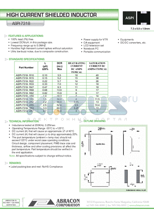 ASPI-7318-1R0 datasheet - HIGH CURRENT SHIELDED INDUCTOR