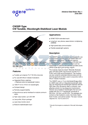 CW22P881 datasheet - CW20P-Type CW Tunable, Wavelength-Stabilized Laser Module