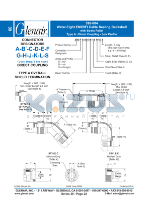 390AA004M08 datasheet - Water-Tight EMI/RFI Cable Sealing Backshell with Strain Relief