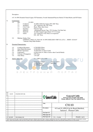 C8110 datasheet - 4 /C 18 AWG Stranded Tinned Copper, FEP Insulation, Overall Aluminum/Polyester Shield, TC Braid Shield, and FEP Jacket