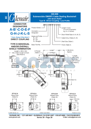 390AA006M18 datasheet - Submersible EMI/RFI Cable Sealing Backshell with Strain Relief