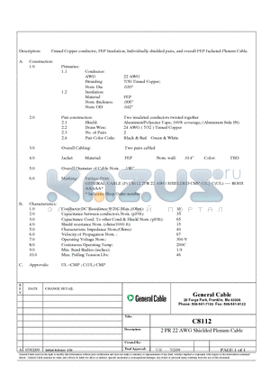 C8112 datasheet - Tinned Copper conductor, FEP Insulation, Individually shielded pairs, and overall FEP Jacketed Plenum Cable