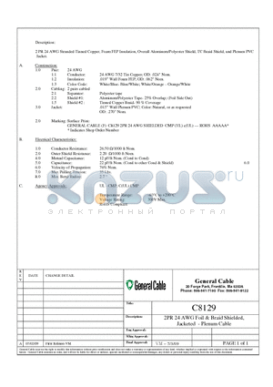 C8129 datasheet - 2 PR 24 AWG Stranded Tinned Copper, Foam FEP Insulation, Overall Aluminum/Polyester Shield, TC Braid Shield, and Plenum PVC Jacket