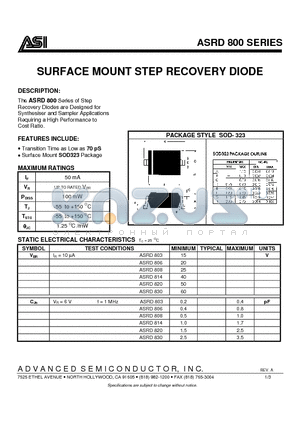 ASRD803T datasheet - SURFACE MOUNT STEP RECOVERY DIODE