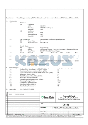 C8101 datasheet - Tinned Copper conductor, FEP Insulation, twisted pairs, overall foil shied and FEP Jacketed Plenum Cable