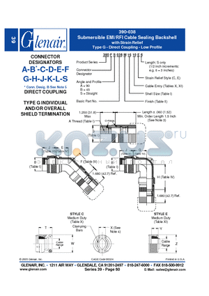 390AA038M08 datasheet - Submersible EMI/RFI Cable Sealing Backshell with Strain Relief