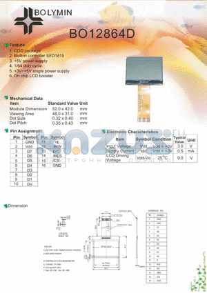 BO12864D datasheet - Built-in controller SED1815 COG package