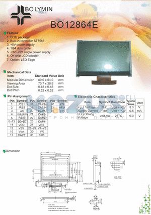 BO12864E datasheet - Built-in controller ST7565 COG package