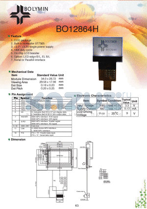 BO12864H datasheet - COG package Built-in controller ST7565