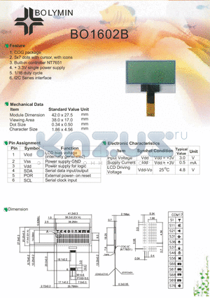 BO1602B datasheet - COG package 5x7 dots with cursor, with icons