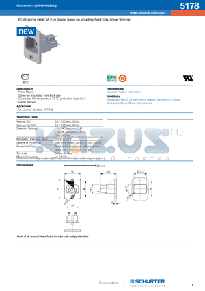 5178 datasheet - IEC Appliance Outlet 6A 2- or 3-pole, Screw-on Mounting, Front Side, Solder Terminal