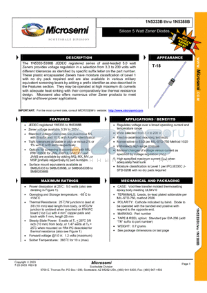 1N5334B datasheet - SILICON 5 WATT ZENER DIODES