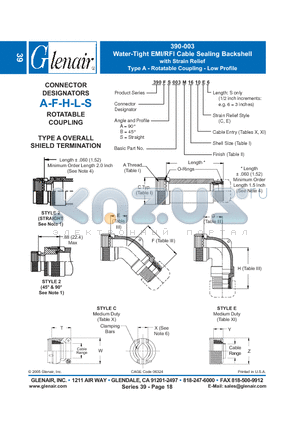 390AB003M28 datasheet - Water-Tight EMI/RFI Cable Sealing Backshell with Strain Relief
