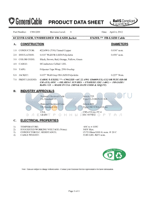 C9012ZH datasheet - 6C22 FR-LSZH, UNSHIELDED FR-LSZH Jacket EXZEL FR-LSZH Cable