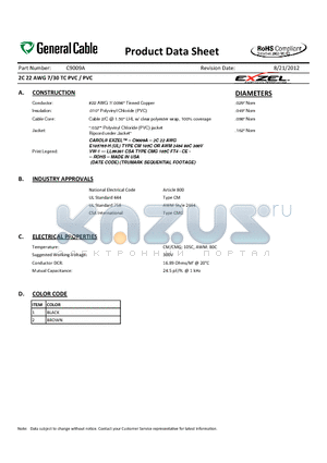 C9009A datasheet - 2C 22 AWG 7/30 TC PVC / PVC