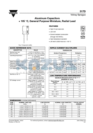 517D108M100FV6AE3 datasheet - Aluminum Capacitors  105 `C, General Purpose Miniature, Radial Lead
