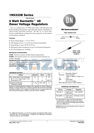 1N5335BRLG datasheet - 5 Watt Surmetic TM 40 Zener Voltage Regulators