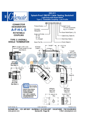 390AB011M10 datasheet - Splash-Proof EMI/RFI Cable Sealing Backshell Light-Duty with Strain Relief