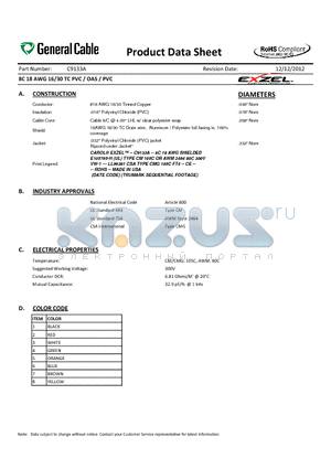 C9133A datasheet - 8C 18 AWG 16/30 TC PVC / OAS / PVC
