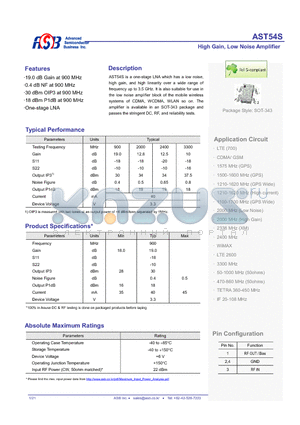 AST54S datasheet - High Gain, Low Noise Amplifier