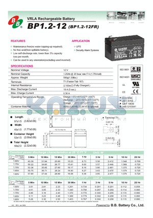 BP1.2-12FR datasheet - VRLA Rechargeable Battery