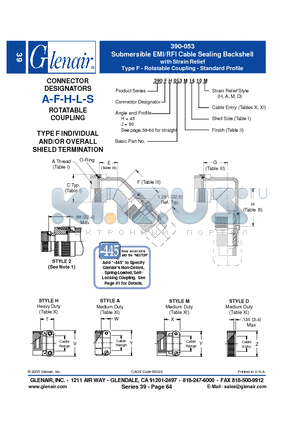 390AH053M20 datasheet - Submersible EMI/RFI Cable Sealing Backshell with Strain Relief