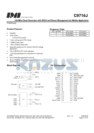 C9716J datasheet - 100 MHz Clock Generator with SSCG and Power Management for Mobile Application