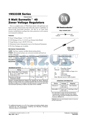 1N5343BRLG datasheet - 5 Watt Surmetic TM 40 Zener Voltage Regulators