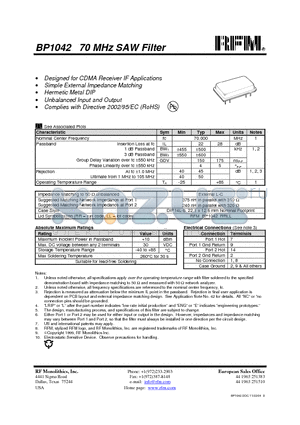 BP1042A datasheet - 70MHz SAW Filter