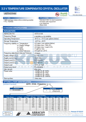 ASTX-01HA datasheet - 3.3 V TEMPERATURE COMPENSATED CRYSTAL OSCILLATOR