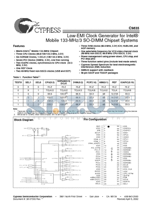 C9835CT datasheet - Low-EMI Clock Generator for Intel Mobile 133-MHz/3 SO-DIMM Chipset Systems