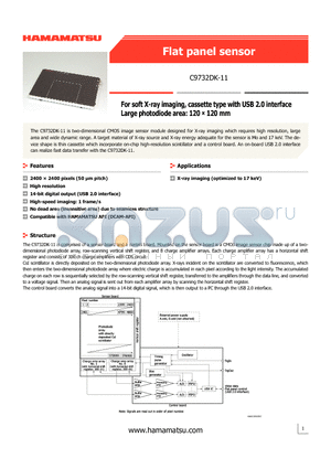 C9732DK-11 datasheet - For soft X-ray imaging, cassette type with USB 2.0 interface Large photodiode area: 120  120 mm