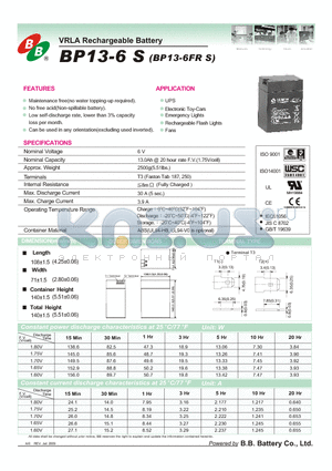 BP13-6S datasheet - VRLA Rechargeable Battery