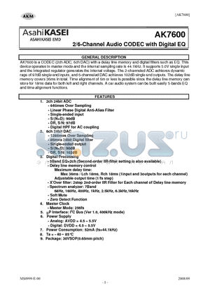 AK7600 datasheet - 2/6-Channel Audio CODEC with Digital EQ