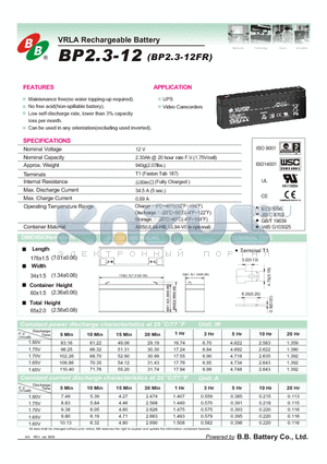 BP2.3-12FR datasheet - VRLA Rechargeable Battery