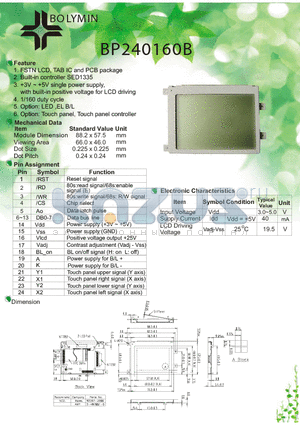 BP240160B datasheet - FSTN LCD, TAB IC and PCB package Built-in controller SED1335