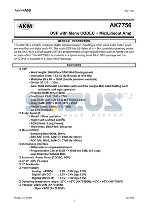 AK7756VF datasheet - DSP with Mono CODEC  Mic/Lineout Amp