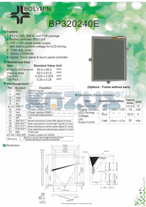BP320240E datasheet - FSTN LCD, TAB IC and PCB package Built-in controller SED1335