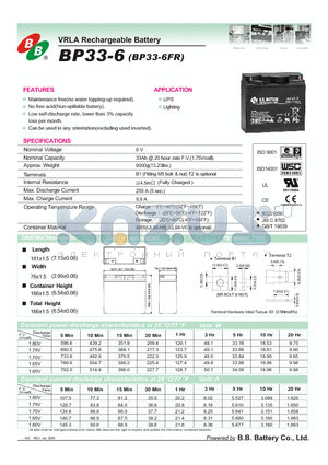 BP33-6 datasheet - VRLA Rechargeable Battery