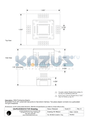 CA-PLCC32-Z-C-T-01 datasheet - BGA Prototyping Adaptor 32 position PLCC ZIF socket with test points to Clip bottom interface.