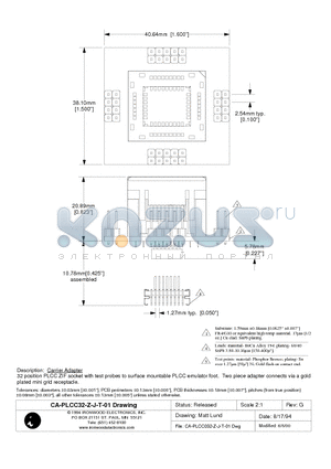 CA-PLCC32-Z-J-T-01 datasheet - Carrier Adapter 32 position PLCC ZIF socket with test probes to surface mountable PLCC emulator foot.